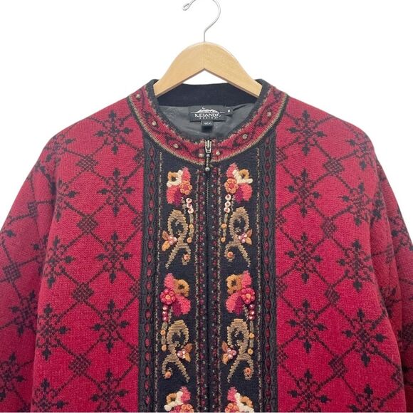 Vintage Icelandic Design Wool Zip Front Cardigan Jacket Red Black Size Medium - Picture 5 of 12
